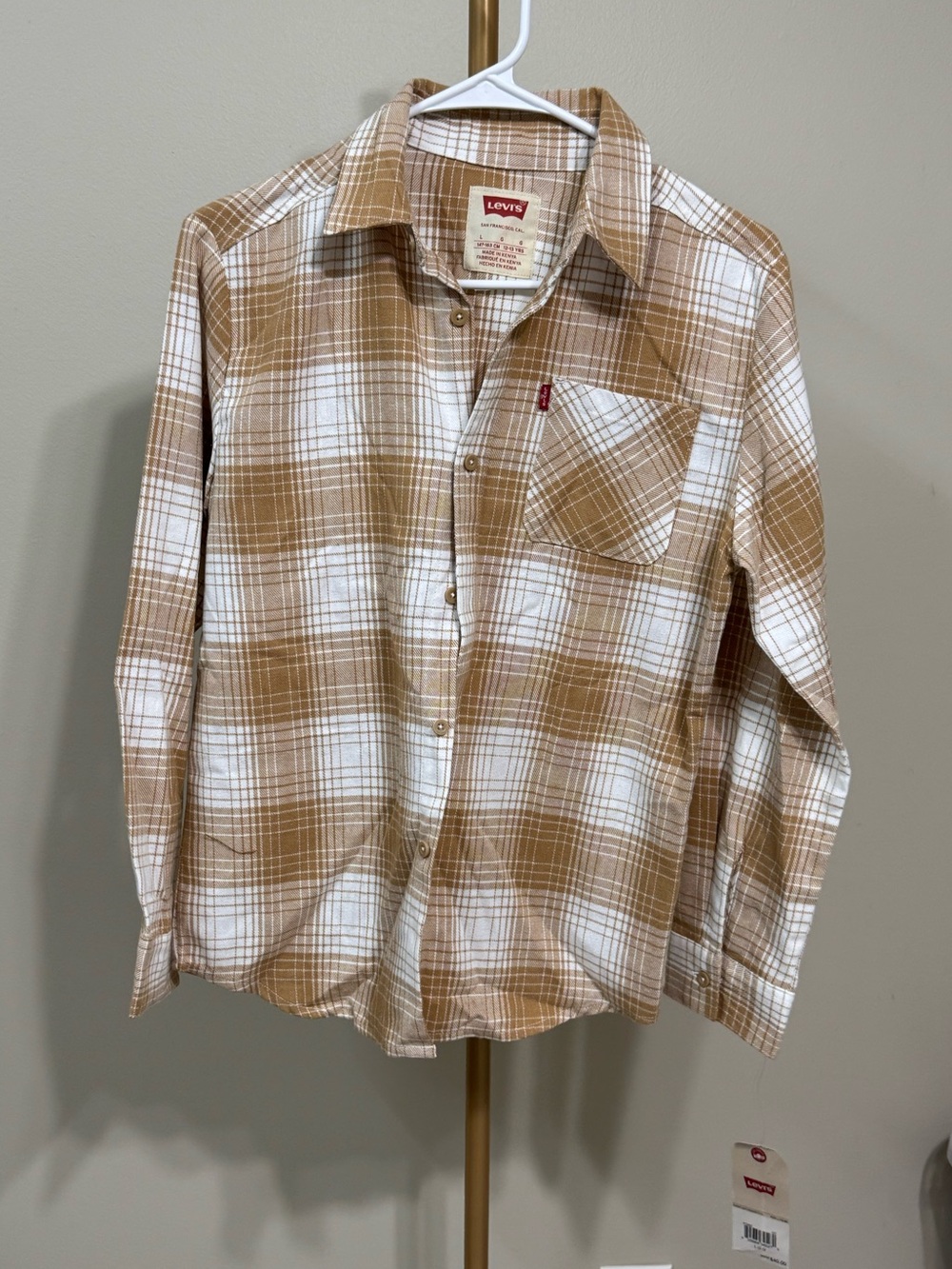 Levi's Tan & White Plaid Button-Up Flannel Shirt, kids large, NWT